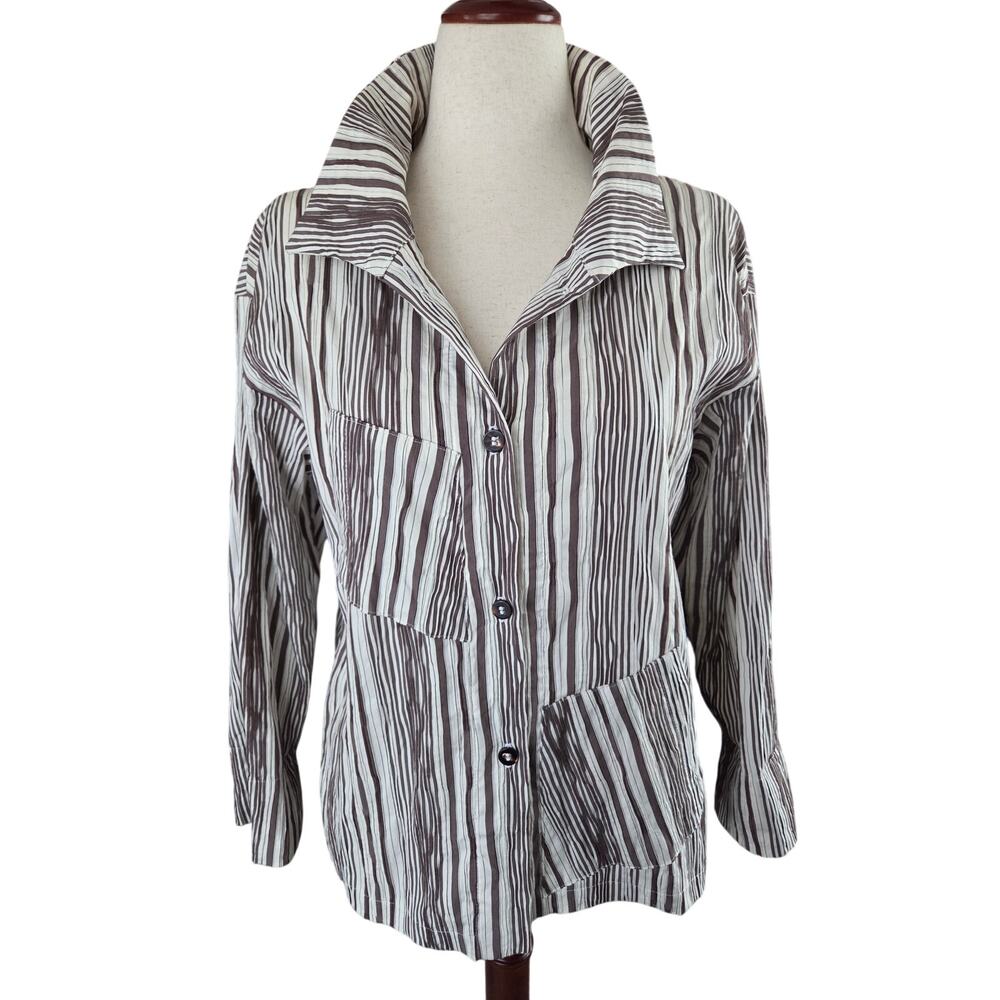 Artsy Textured Striped Blouse Unique Cotton Linen Blend Medium Avant Garde Fun
